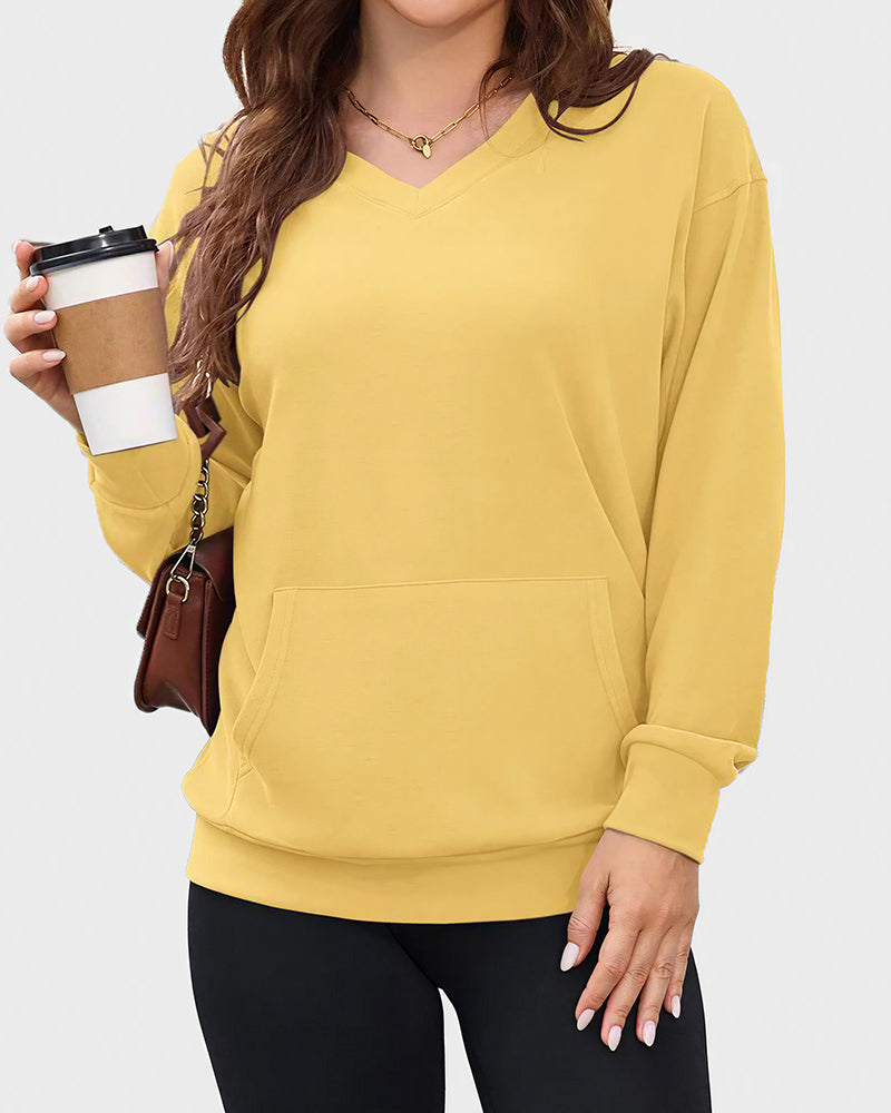 Willluxe® Casual V-Neck Long Sleeve Pullover Sweatshirt With Pocket