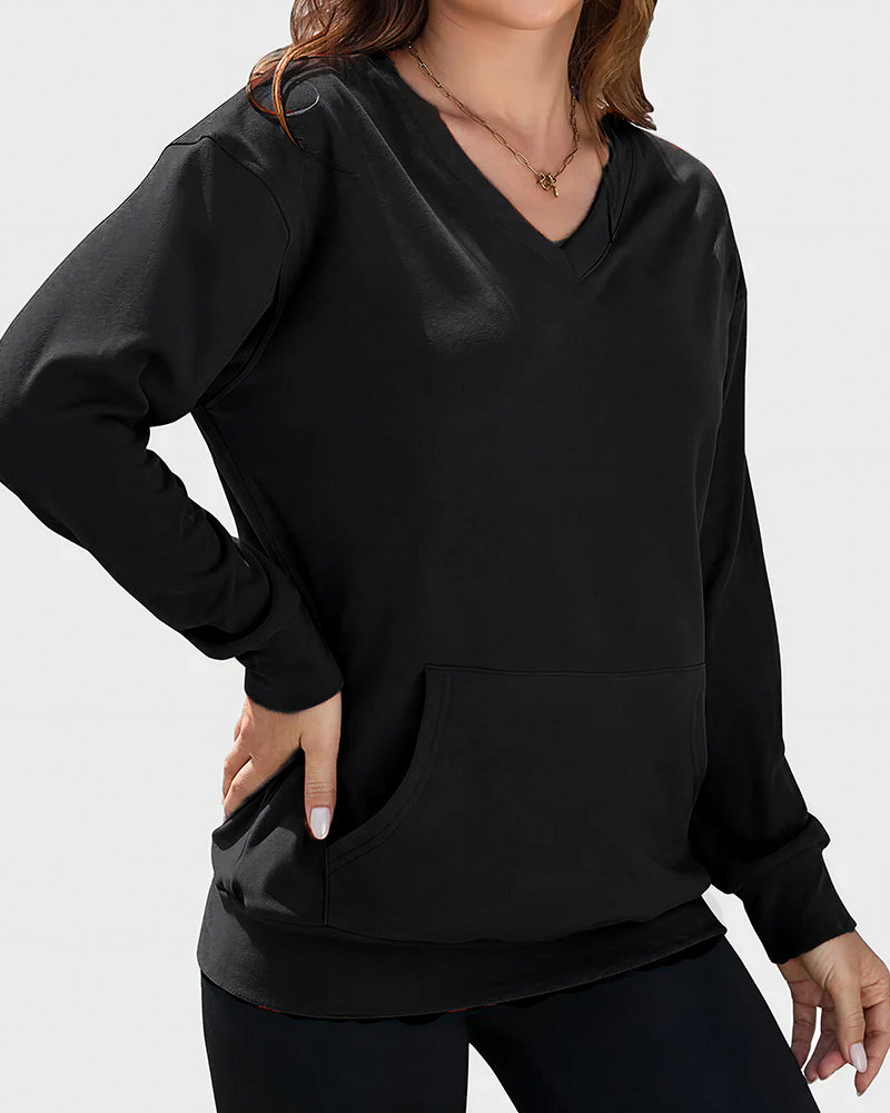 Willluxe® Casual V-Neck Long Sleeve Pullover Sweatshirt With Pocket