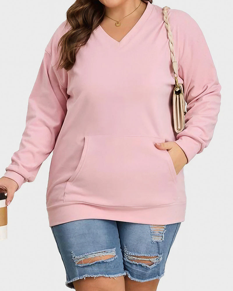 Willluxe® Casual V-Neck Long Sleeve Pullover Sweatshirt With Pocket