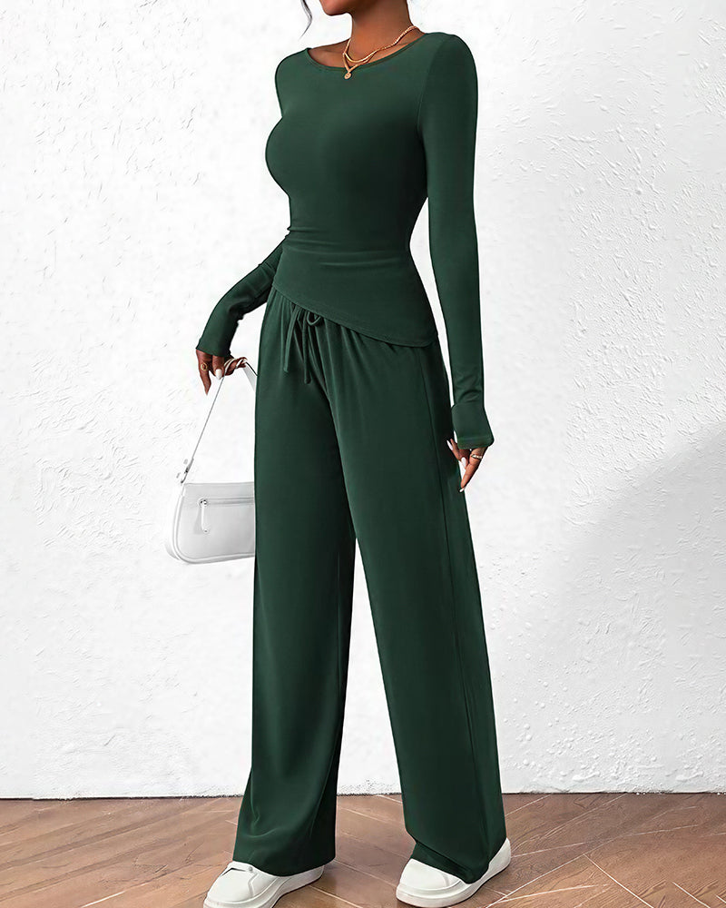 Willluxe® Asymmetrical Long Sleeve Top & Wide Leg Pants Lounge Set