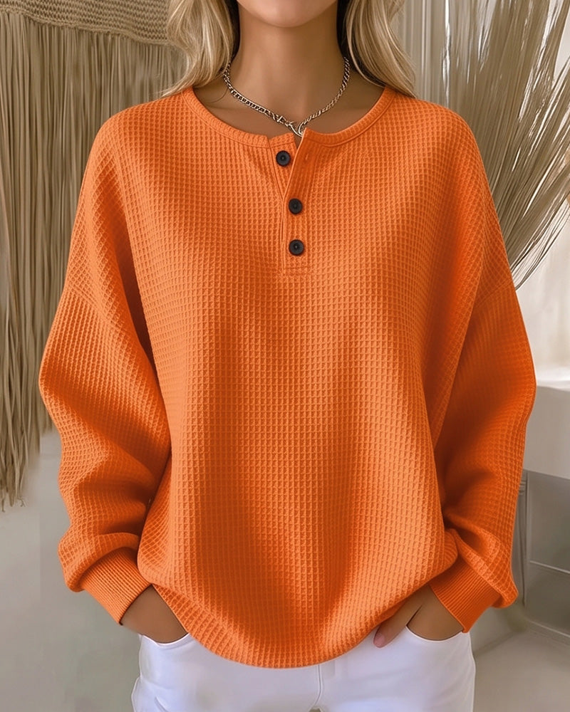 Willluxe® Waffle Knit Button-Front Oversized Pullover Top