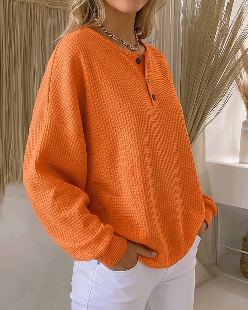 Willluxe® Waffle Knit Button-Front Oversized Pullover Top