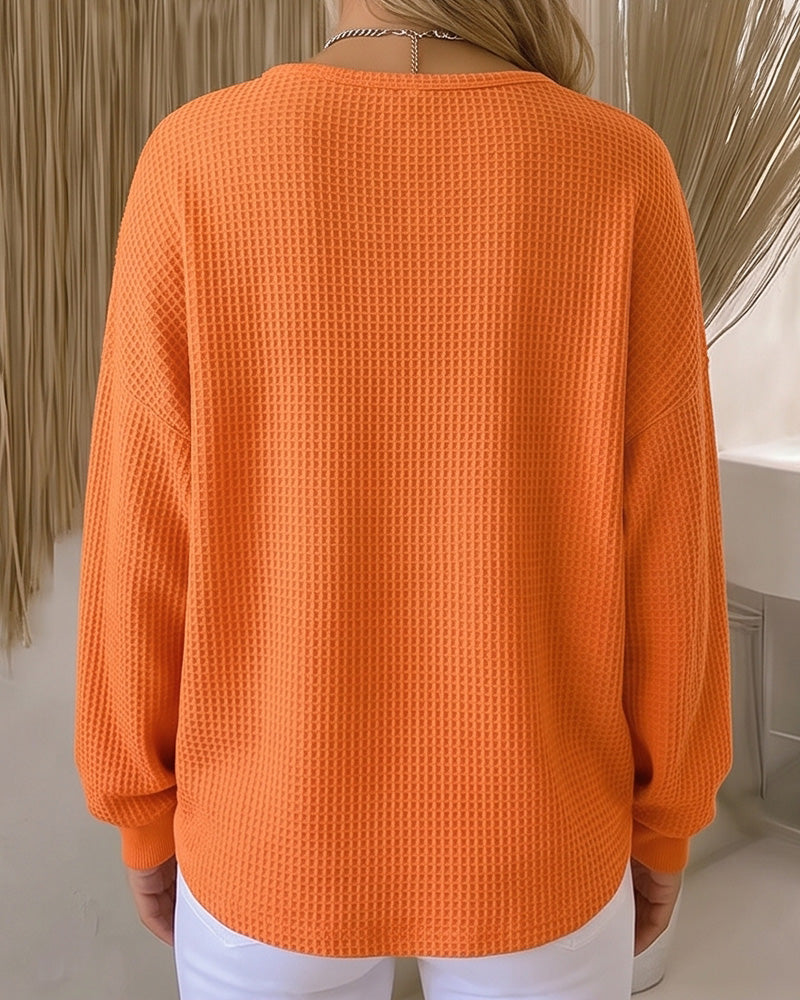 Willluxe® Waffle Knit Button-Front Oversized Pullover Top