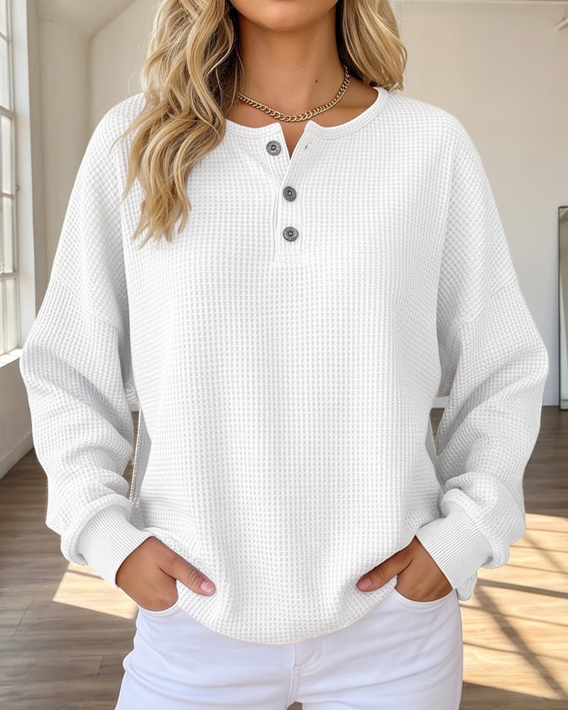 Willluxe® Waffle Knit Button-Front Oversized Pullover Top