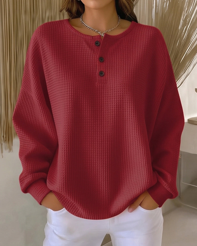 Willluxe® Waffle Knit Button-Front Oversized Pullover Top