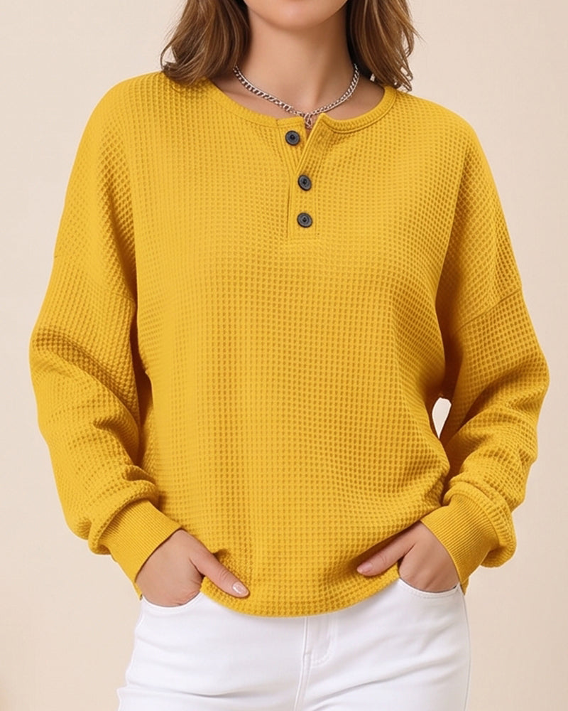 Willluxe® Waffle Knit Button-Front Oversized Pullover Top
