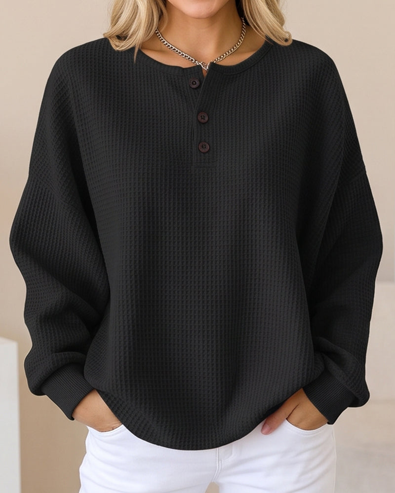 Willluxe® Waffle Knit Button-Front Oversized Pullover Top