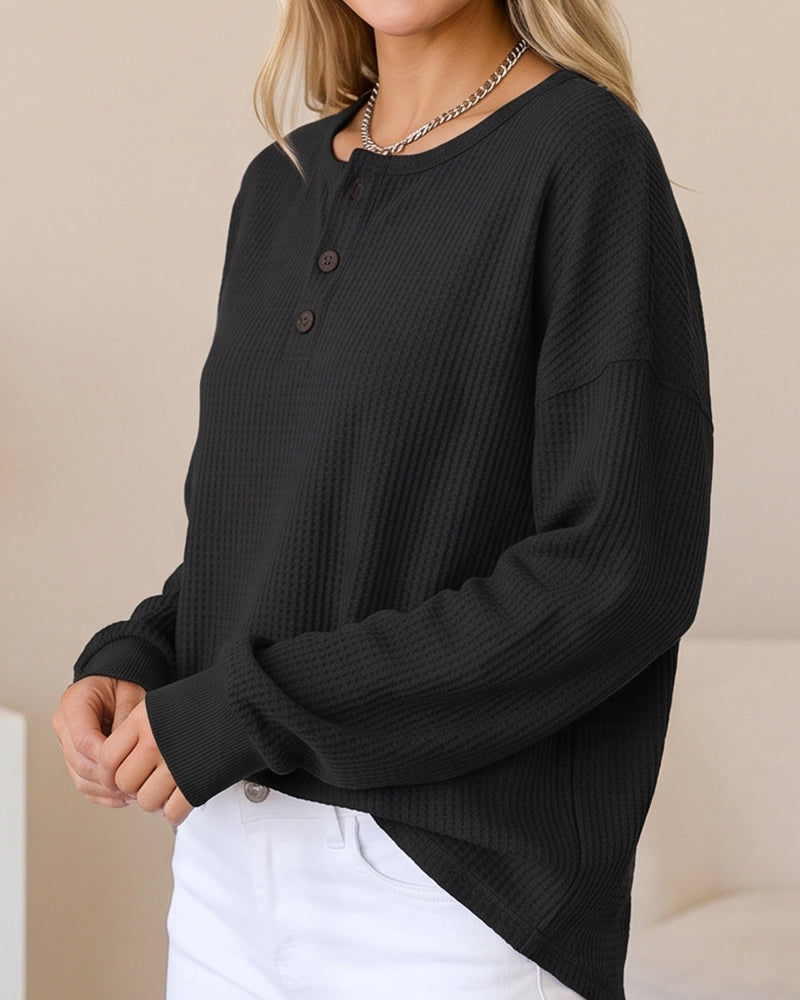Willluxe® Waffle Knit Button-Front Oversized Pullover Top