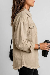 Willluxe® Washed Denim Raw Hem Shirt Jacket