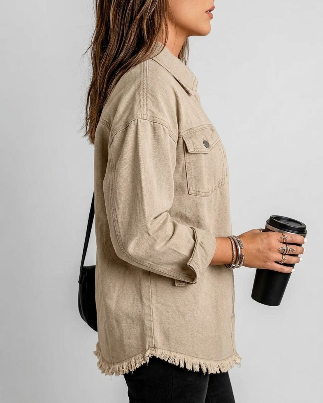 Willluxe® Washed Denim Raw Hem Shirt Jacket
