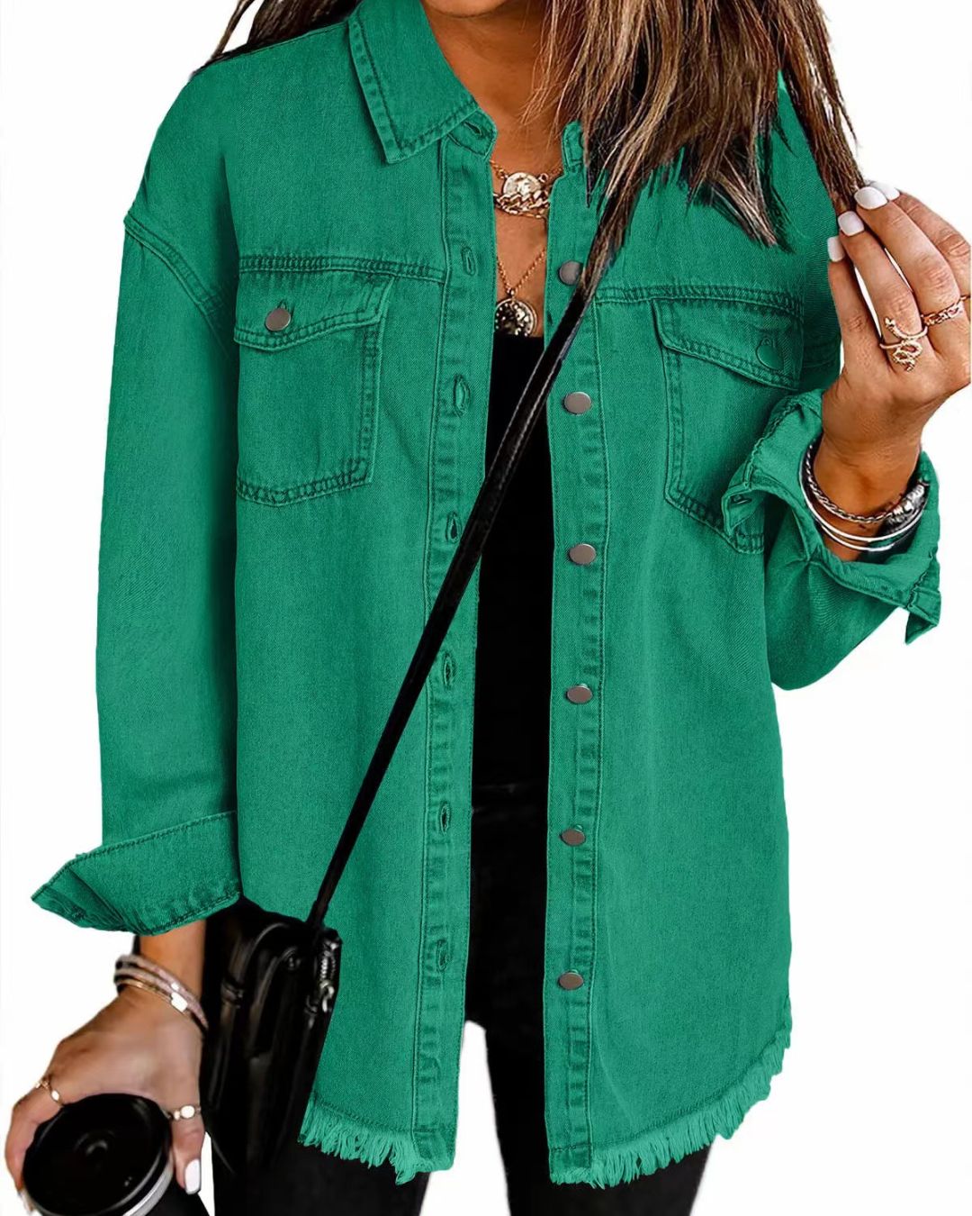 Willluxe® Washed Denim Raw Hem Shirt Jacket