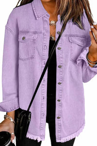 Willluxe® Washed Denim Raw Hem Shirt Jacket