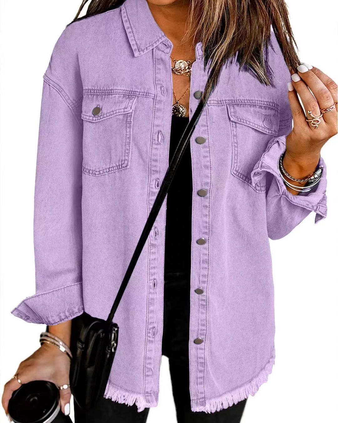 Willluxe® Washed Denim Raw Hem Shirt Jacket