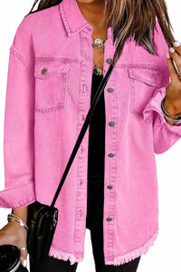Willluxe® Washed Denim Raw Hem Shirt Jacket