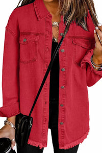 Willluxe® Washed Denim Raw Hem Shirt Jacket