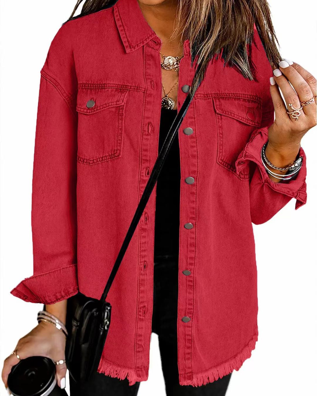 Willluxe® Washed Denim Raw Hem Shirt Jacket