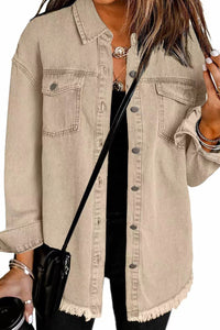Willluxe® Washed Denim Raw Hem Shirt Jacket