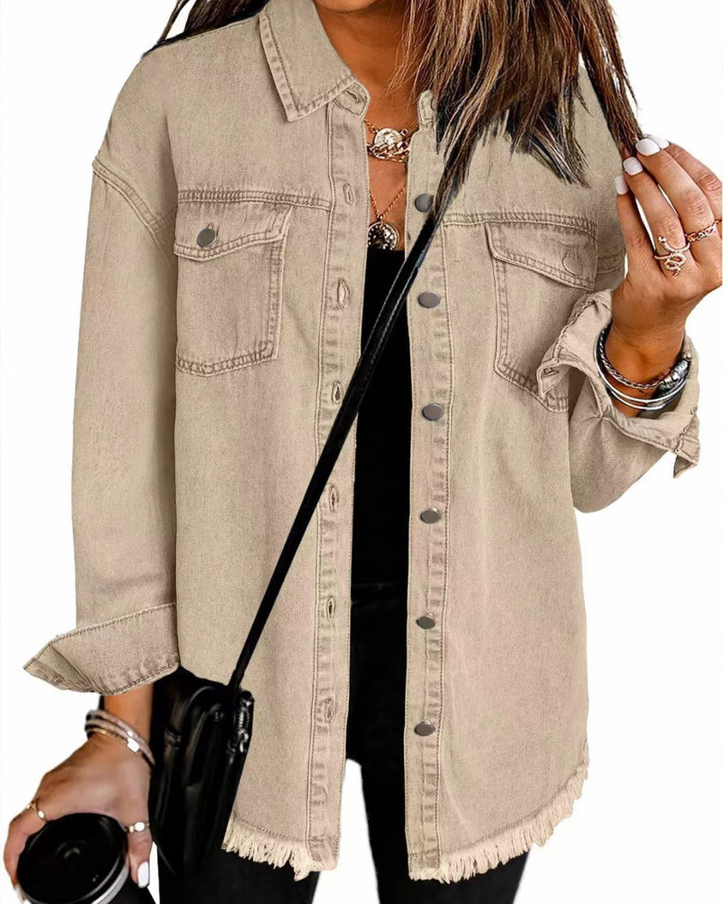 Willluxe® Washed Denim Raw Hem Shirt Jacket
