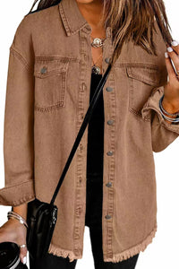 Willluxe® Washed Denim Raw Hem Shirt Jacket