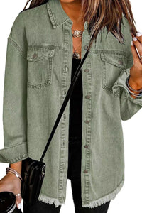 Willluxe® Washed Denim Raw Hem Shirt Jacket