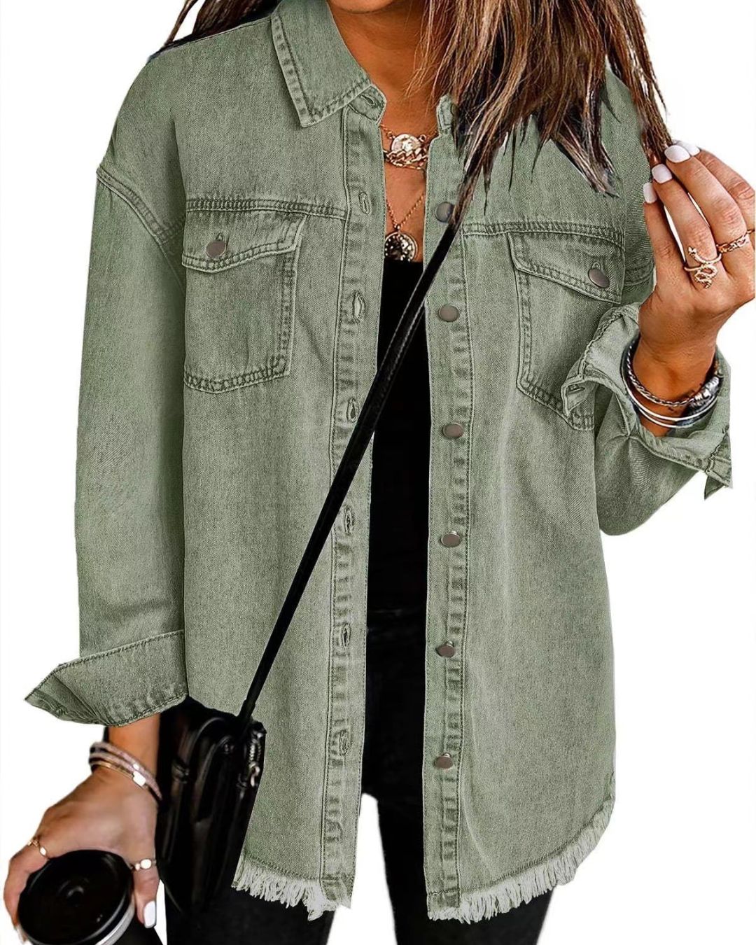Willluxe® Washed Denim Raw Hem Shirt Jacket