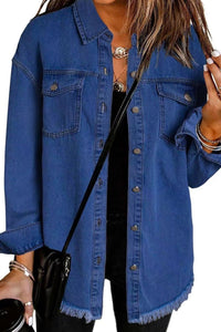 Willluxe® Washed Denim Raw Hem Shirt Jacket