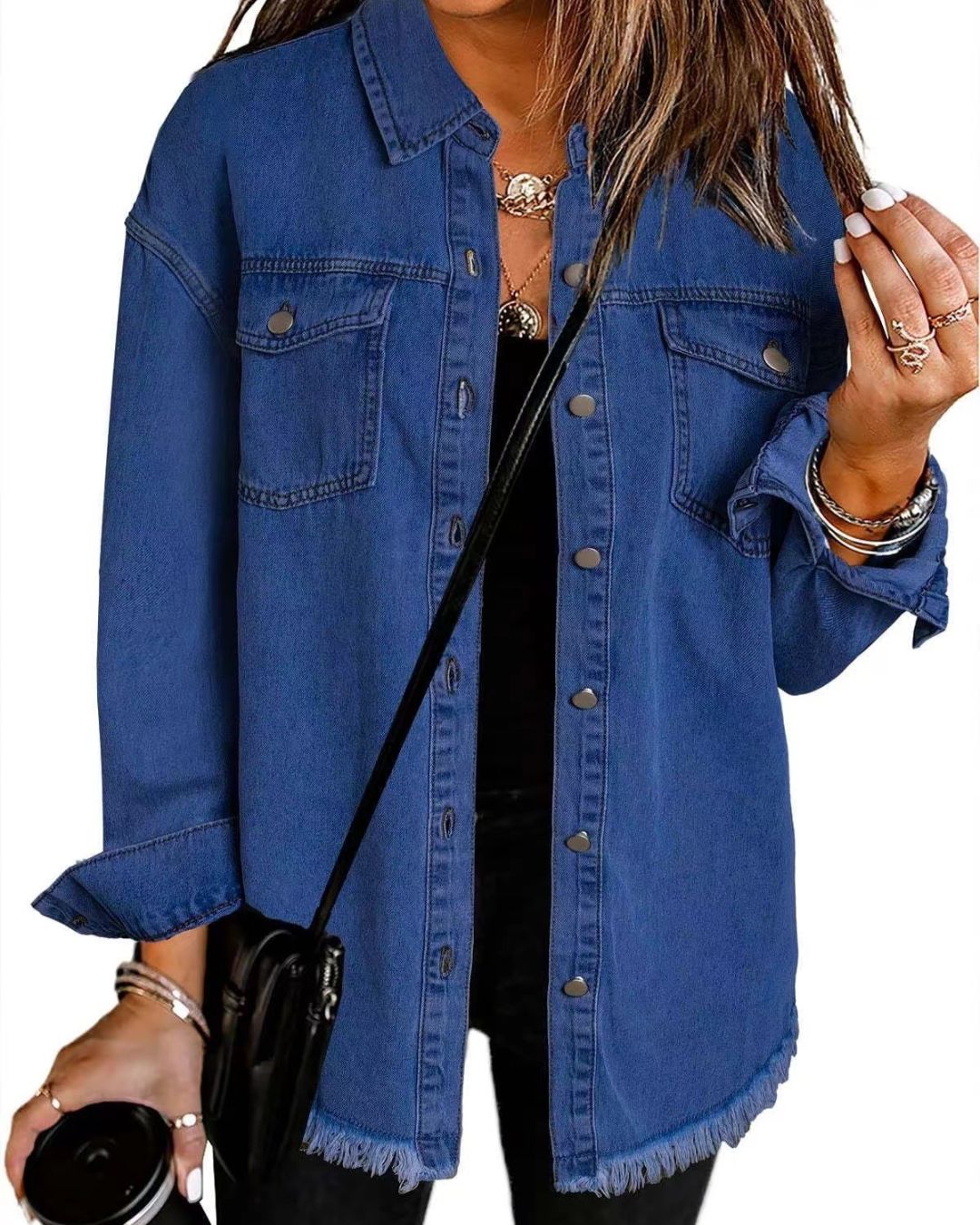 Willluxe® Washed Denim Raw Hem Shirt Jacket