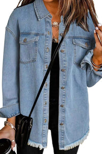 Willluxe® Washed Denim Raw Hem Shirt Jacket