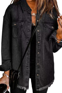 Willluxe® Washed Denim Raw Hem Shirt Jacket