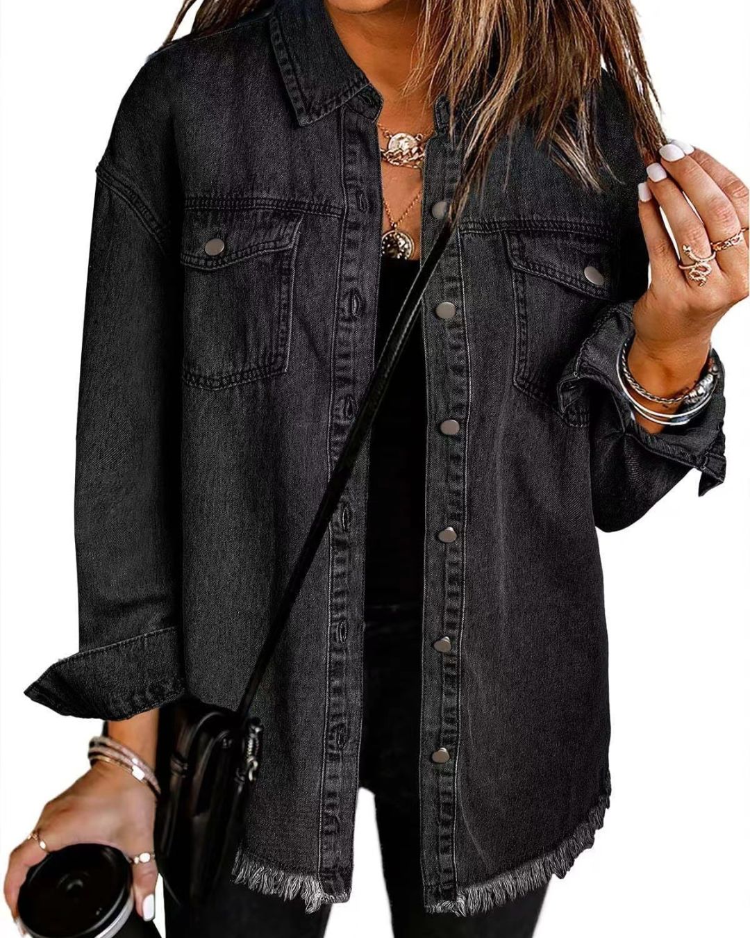 Willluxe® Washed Denim Raw Hem Shirt Jacket