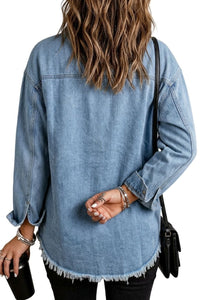 Willluxe® Washed Denim Raw Hem Shirt Jacket