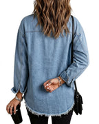 Willluxe® Washed Denim Raw Hem Shirt Jacket