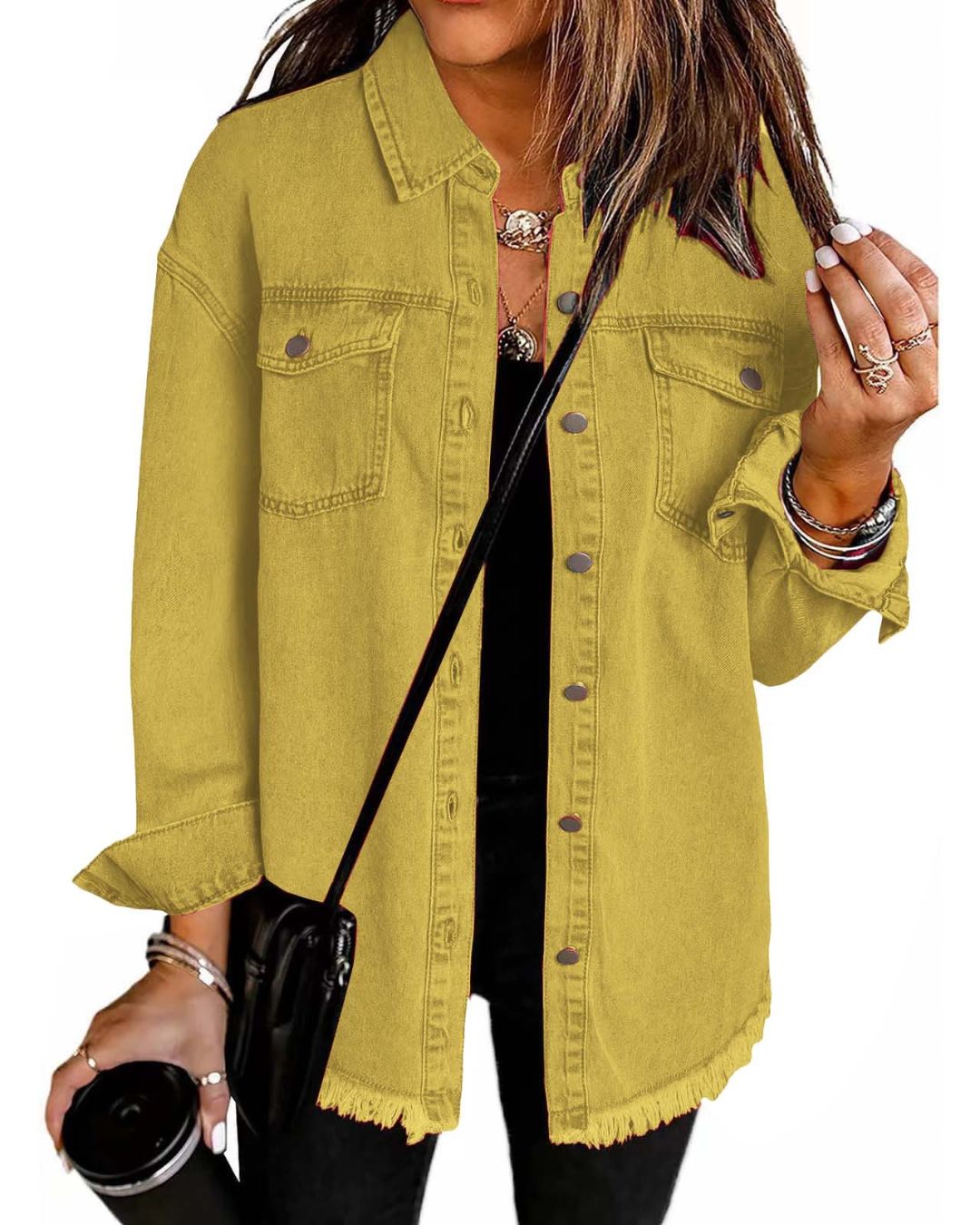 Willluxe® Washed Denim Raw Hem Shirt Jacket