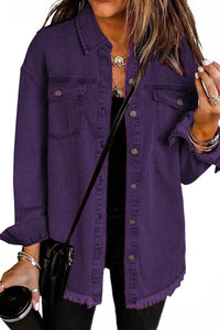 Willluxe® Washed Denim Raw Hem Shirt Jacket