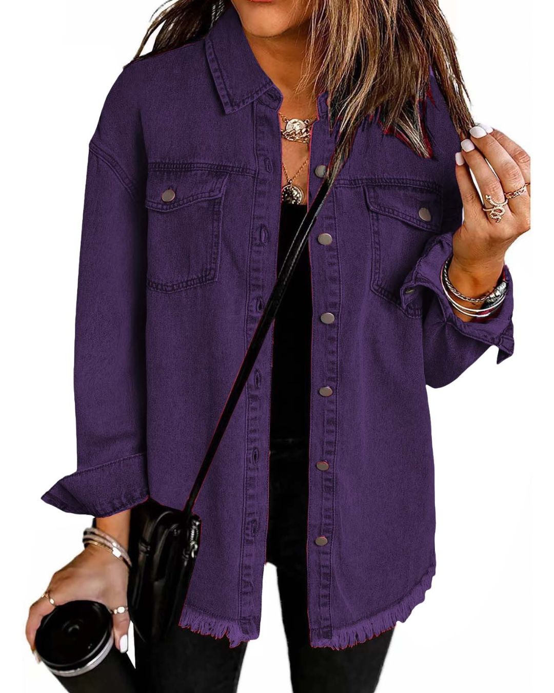 Willluxe® Washed Denim Raw Hem Shirt Jacket