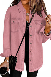 Willluxe® Washed Denim Raw Hem Shirt Jacket