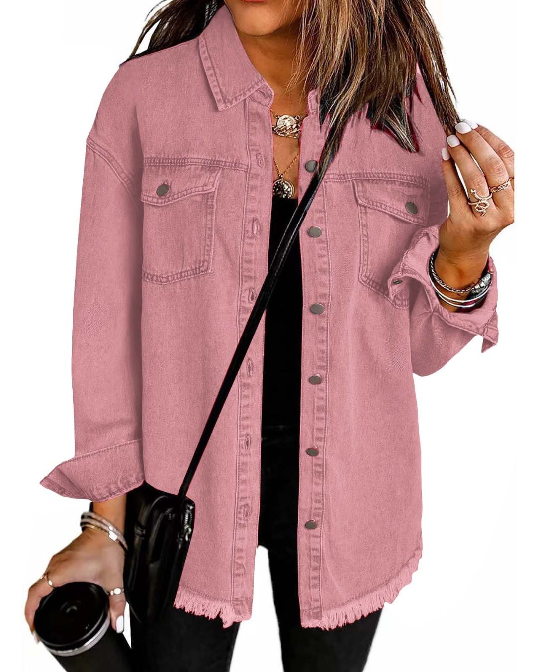 Willluxe® Washed Denim Raw Hem Shirt Jacket