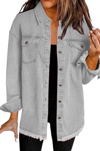 Willluxe® Washed Denim Raw Hem Shirt Jacket