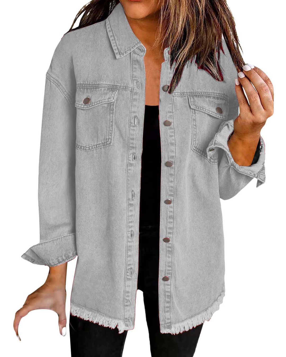 Willluxe® Washed Denim Raw Hem Shirt Jacket