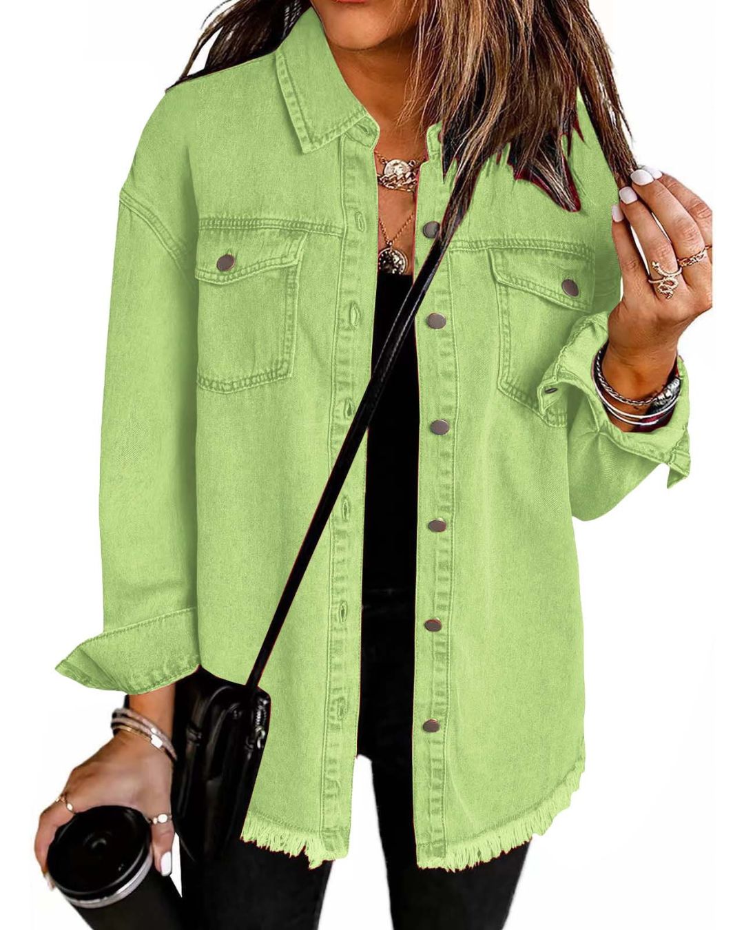 Willluxe® Washed Denim Raw Hem Shirt Jacket