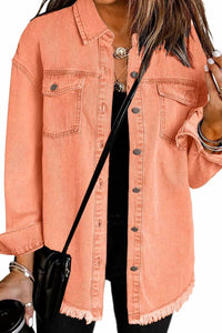 Willluxe® Washed Denim Raw Hem Shirt Jacket