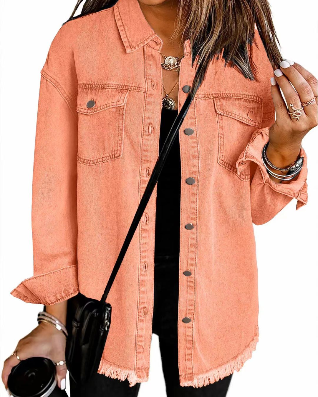 Willluxe® Washed Denim Raw Hem Shirt Jacket