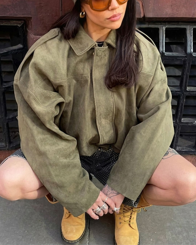 Willluxe® Batwing Sleeve Faux Suede Bomber Jacket