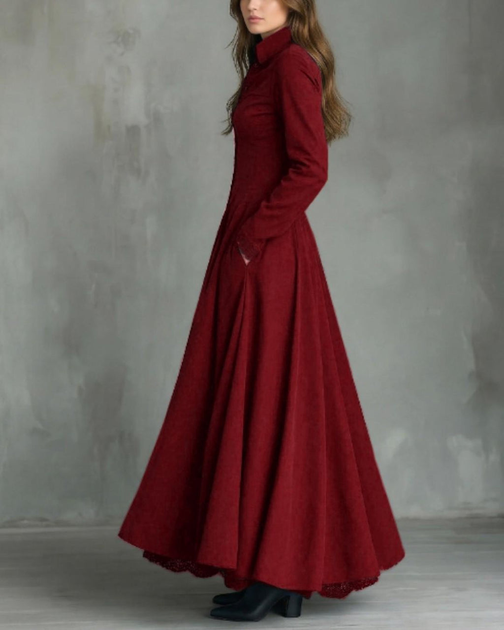 Willluxe® Vintage Faux Suede Lace Trim Shirt Maxi Dress