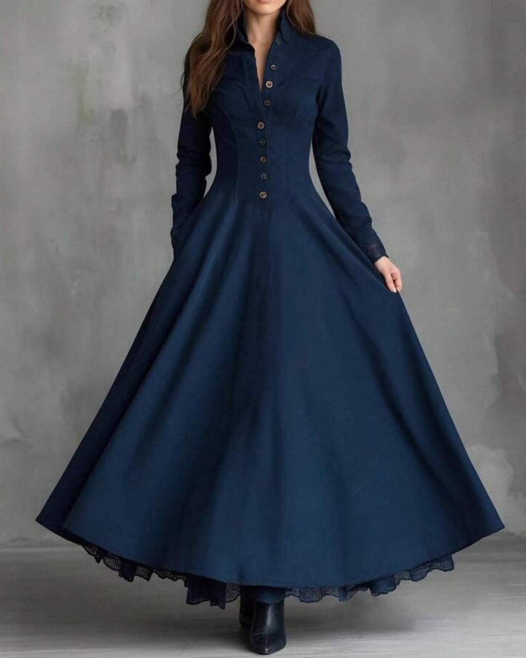 Willluxe® Vintage Faux Suede Lace Trim Shirt Maxi Dress