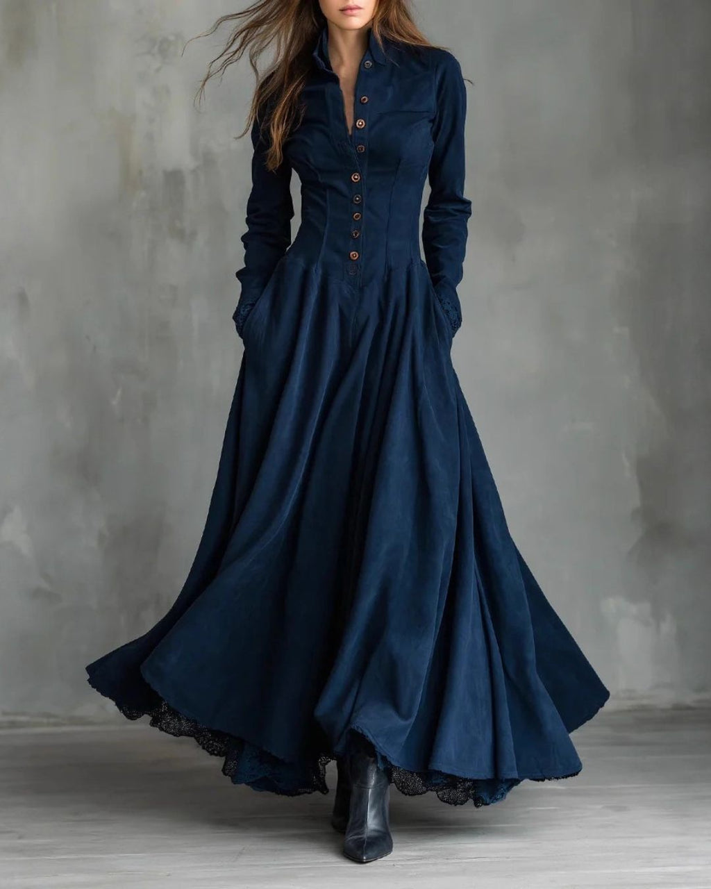 Willluxe® Vintage Faux Suede Lace Trim Shirt Maxi Dress