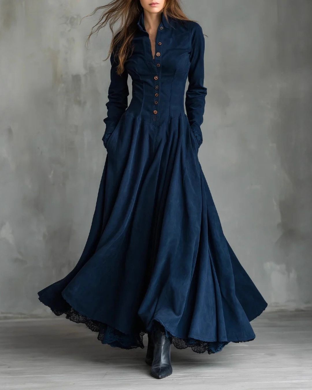 Willluxe® Vintage Faux Suede Lace Trim Shirt Maxi Dress
