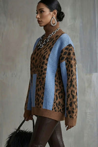 Willluxe® Vintage Patchwork Leopard Print Knit Sweater