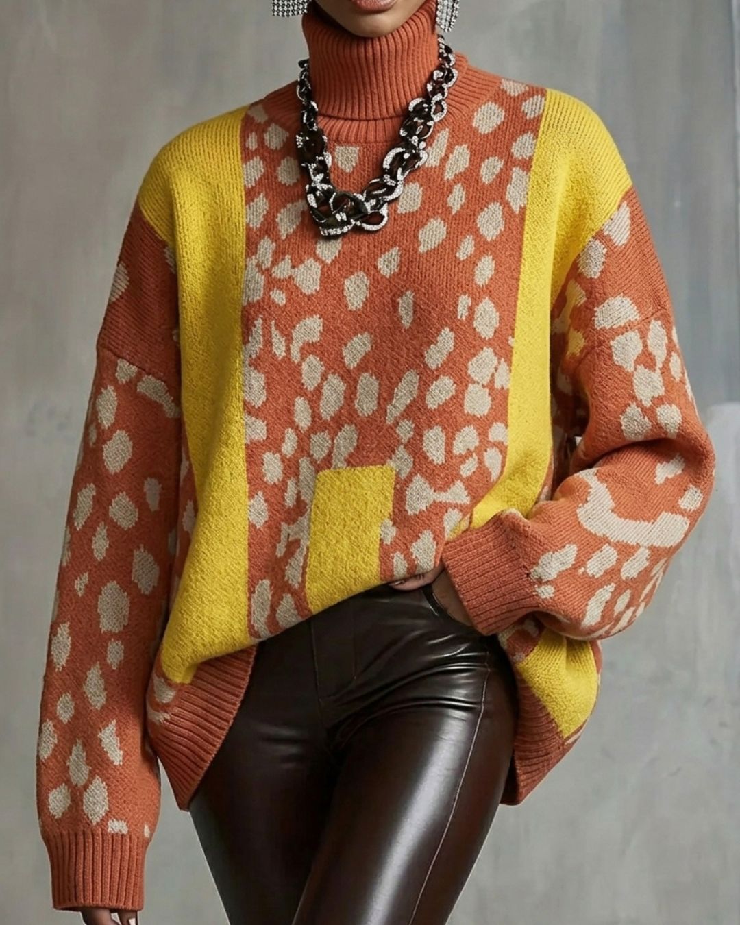 Willluxe® Vintage Patchwork Leopard Print Knit Sweater