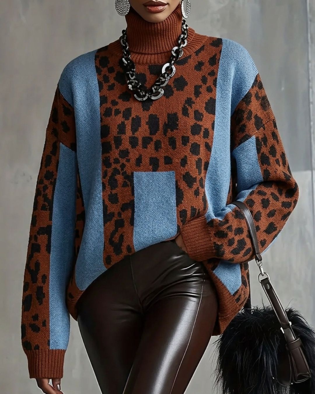 Willluxe® Vintage Patchwork Leopard Print Knit Sweater